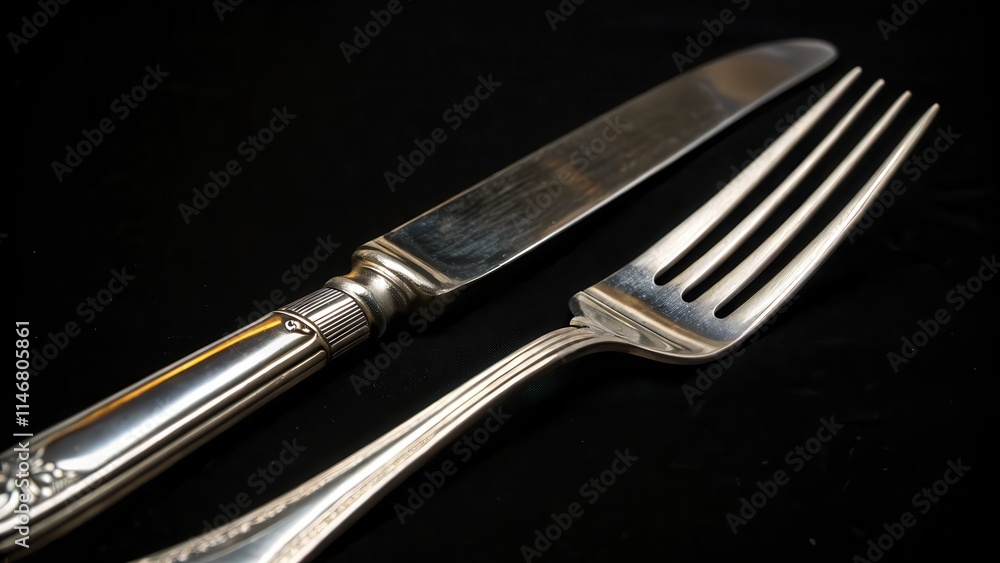 Aufkleber a simple silver fork and knife resting on a black surface, the gleaming metal reflecting the subtle 