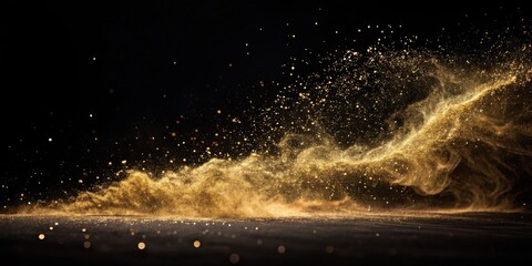 A dramatic and elegant display of golden glitter swirling and dancing on a black background, creating an ethereal and luxurious ambiance.