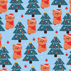 seamless pattern cartoon cat with christmas tree. cute christmas and winter wallpaper for fabric print, gift wrap paper