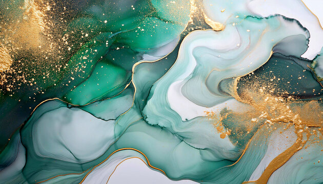 Abstrakcyjne jasne tło do projektu, tapeta, kolor biały, złoty, zielony, czarny, tekstura marmuru, wz&oacute;r w kształcie fal