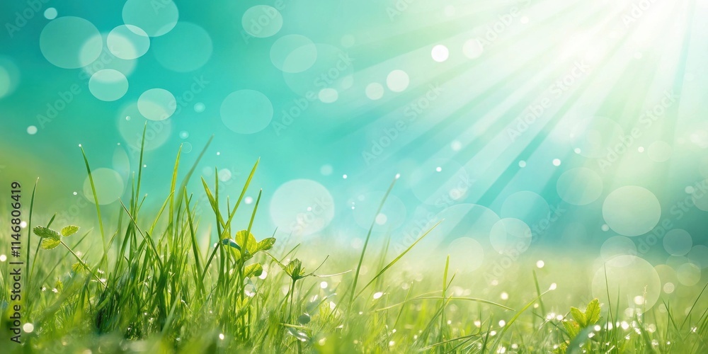 Poster Sunbeams illuminate a field of dewy green grass with soft, out-of-focus bokeh in the background.