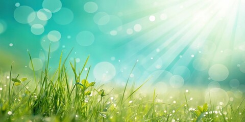 Obraz premium Sunbeams illuminate a field of dewy green grass with soft, out-of-focus bokeh in the background.