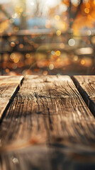 Empty textured wooden table with a blurred background, perfect for showcasing food or product photography with a rustic feel.