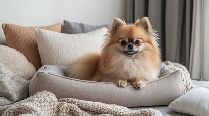 Fluffy Pomeranian sitting on stylish dog bed with soft pillows