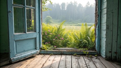 A rustic, weathered doorway opens to reveal a lush green meadow with delicate pink wildflowers and ferns, illuminated by the soft light of a morning mist.