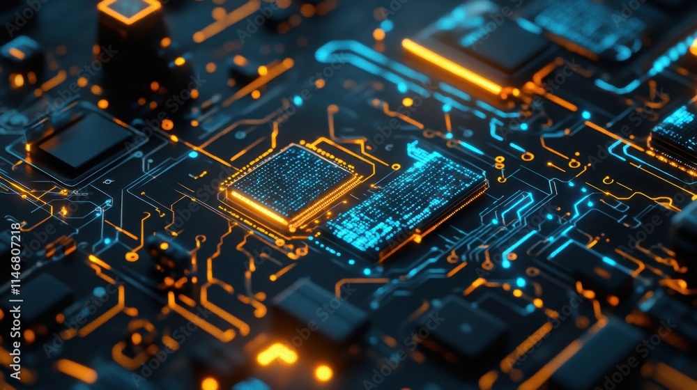 Poster high-tech circuit board with glowing elements and microchips