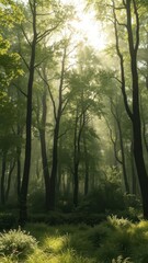 Obraz premium Misty green forest, sunlight filtering through dense canopy, atmosphere, shadows, nature