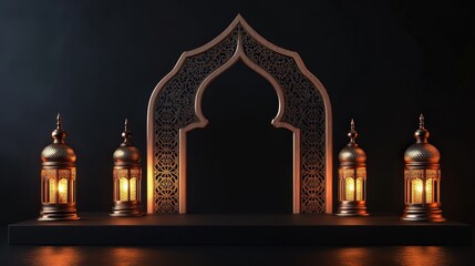 Obraz premium Ramadan Kareem Festive Background with Intricate Arch and Glowing Lanterns