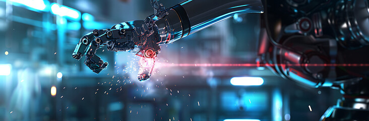 Engineer checking and controlling welding robotics, advanced automation technology in the field of industrial robotics and engineering.