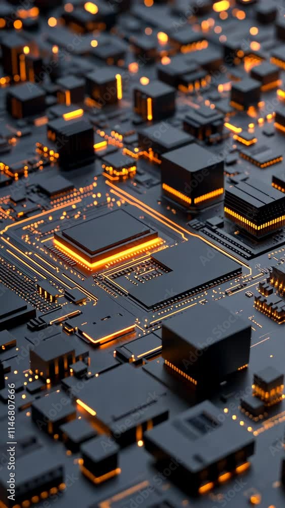 Poster intricate circuitry design showcasing glowing components against a dark background