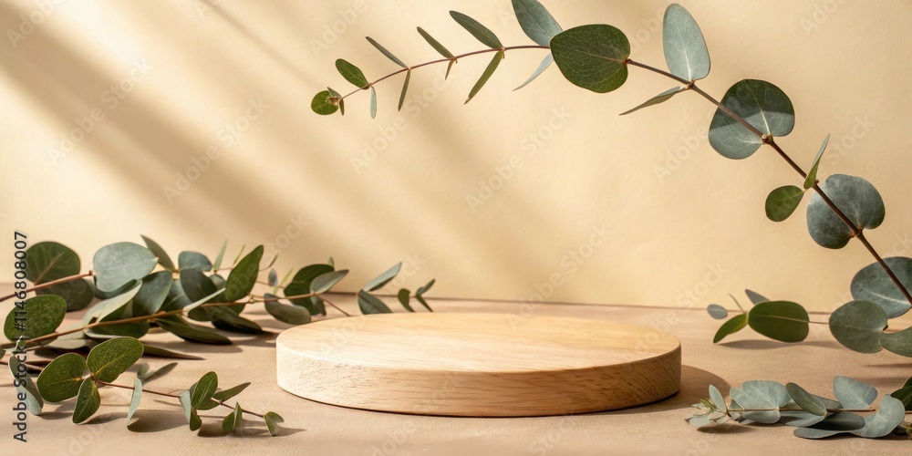 Aufkleber natural wooden platform displayed against a soft tan background, adorned with eucalyptus branches, c