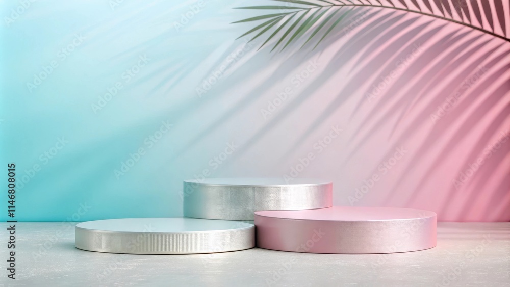 Leinwandbilder minimalist product display with round podiums on a gray surface, featuring a soft blue and pink back