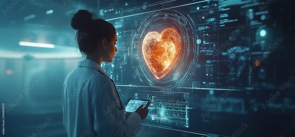 Aufkleber a scientist analyzes a glowing heart visualization in a high-tech lab.