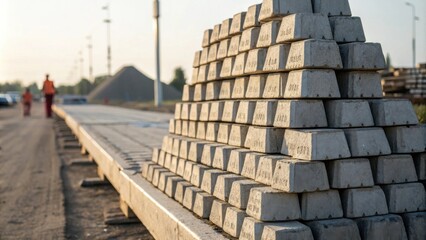 A neatly stacked pyramid of concrete blocks for construction projects in a dusty outdoor setting.