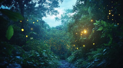 Fototapeta premium Enchanted Firefly Forest Path: A Magical Night in Nature