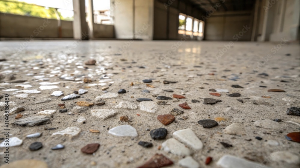 Poster A close-up view of a concrete floor with a decorative aggregate finish, showcasing the intricate pattern created by the embedded stones and the subtle play of light and shadow.