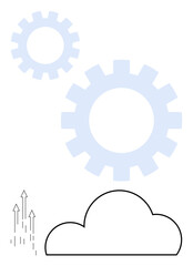 Large and small light blue gears, black outlined cloud, and upward pointing arrows indicating data transfer. Ideal for cloud computing, technology, innovation, data management, digital