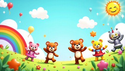 Naklejka premium Colorful cartoon illustration of cheerful teddy bears and a rainbow in a sunny landscape 