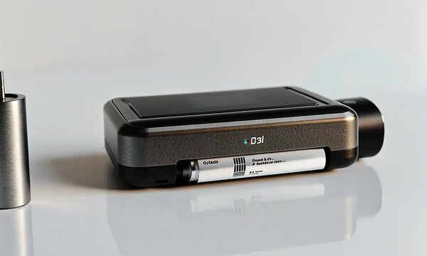 A compact mobile printer with a sleek design and a pen-like cartridge.