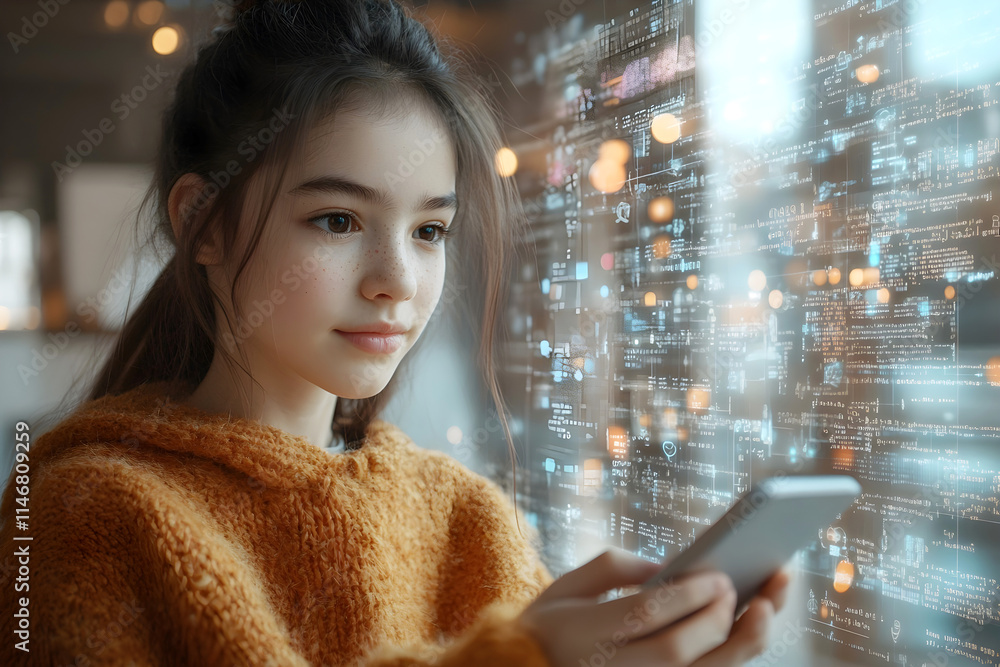 Poster young girl using a smartphone with futuristic holographic digital interface and glowing data visuali