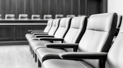 Row of empty leather chairs in a courtroom or conference room.