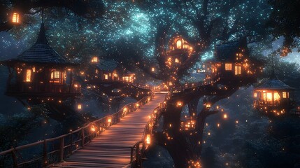 A futuristic treehouse village among glowing trees with magical blue-green lights. A wooden bridge connects houses, set under a starry night sky, evoking adventure, dreams, and nature's wonder.