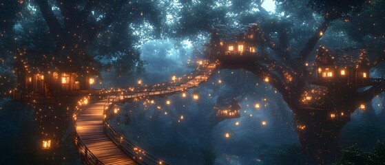 A futuristic treehouse village among glowing trees with magical blue-green lights. A wooden bridge connects houses, set under a starry night sky, evoking adventure, dreams, and nature's wonder.