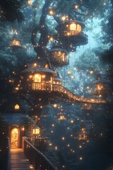 A futuristic treehouse village among glowing trees with magical blue-green lights. A wooden bridge connects houses, set under a starry night sky, evoking adventure, dreams, and nature's wonder.