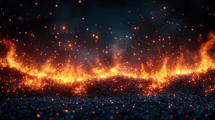 Fiery embers glowing in the dark.