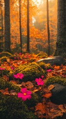 Serene Autumnal Scene in a Norwegian Forest with Vibrant Foliage and Soft Golden Light