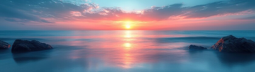 Obraz premium A tranquil seascape at sunset, featuring vibrant colors reflecting on calm waters, with rocks partially submerged in the foreground.