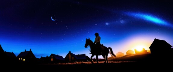 Fototapeta premium Night sky, starry landscape, silhouette of cowboy on horse, desert scene, teepee tents, comet streaking across sky, vibrant sunset, blue and orange gradient sky, celestial panorama, western frontier, 