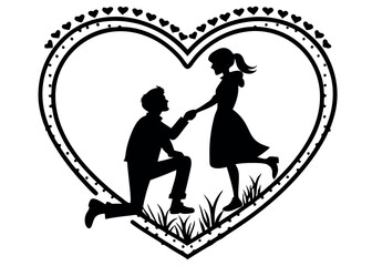 Romantic silhouette of a couple in a heart frame, one kneeling and holding the other's hand, symbolizing love and proposal. Ideal for Valentine's Day, wedding, or engagement themes.