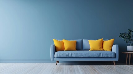 A blue couch with vibrant yellow pillows in a minimalistic room with a plain wall backdrop