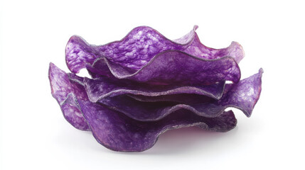 A clean white background showcasing a colorful stack of translucent purple potato crisps, artistically arranged with curling edges and intricate surface details. The crisps have a matte texture with h