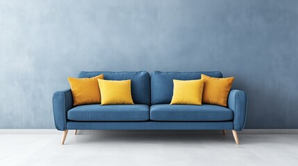 A blue couch with vibrant yellow pillows in a minimalistic room with a plain wall backdrop