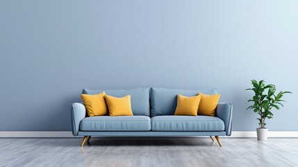 A blue couch with vibrant yellow pillows in a minimalistic room with a plain wall backdrop