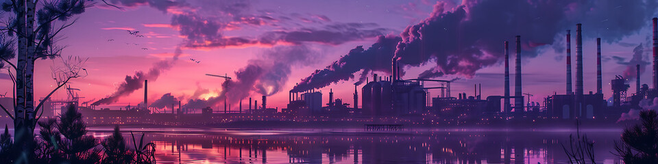Factory with smoke stacks shown at sunset, giving a powerful industrial scene with environmental impact.