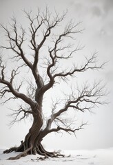 Fototapeta premium Stark, gnarled branches against a bright white backdrop , nature, graphic, quiet