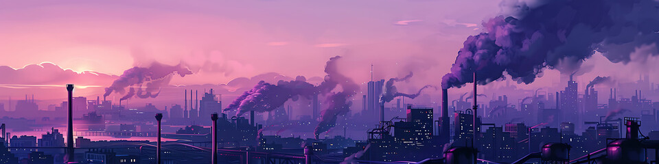 Factory with smoke stacks shown at sunset, giving a powerful industrial scene with environmental impact.