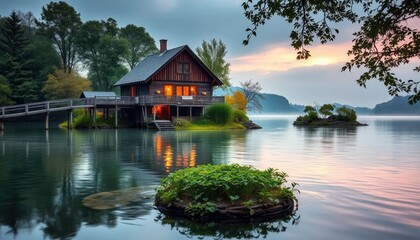 Obraz premium A wooden house on the lake, surrounded by trees and flowers, has an old bridge leading to it