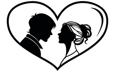Romantic silhouette of a man and woman facing each other inside a heart outline, symbolizing love. Ideal for Valentine's Day, wedding invitations, and relationship-themed designs.