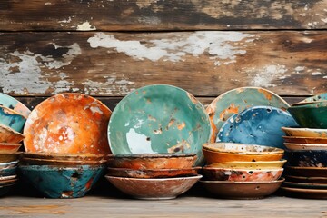 Ceramic bowls on a wooden shelf in a rustic style