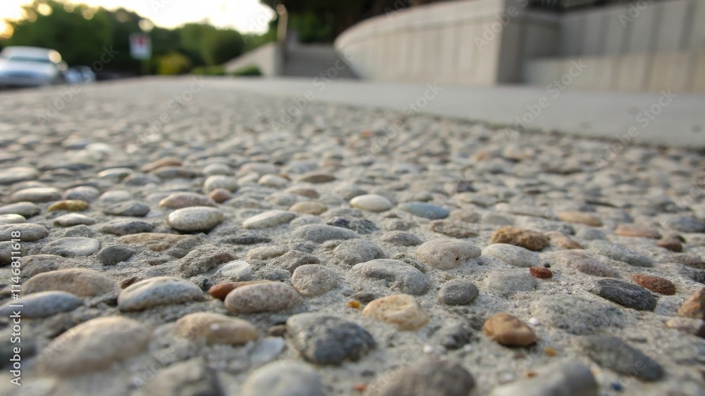Fototapete A close-up view of a concrete path, with small pebbles embedded in the surface, creating a textured and visually appealing walking surface.