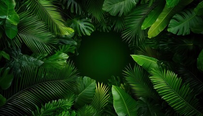 Fototapeta premium Lush green leaves create a vibrant canopy, framing a serene natural space beneath.