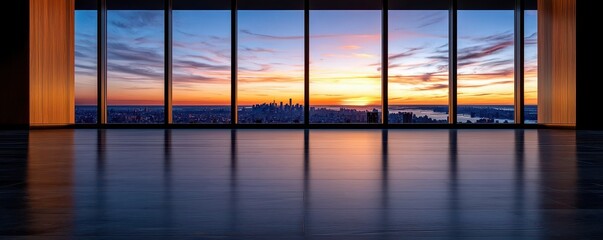 Fototapeta premium Modern interior space with large windows showcasing a vibrant sunset over the city skyline.