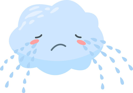 Light blue cartoon cloud with a sad face crying, releasing raindrops that fall gently down, capturing the essence of rainy weather and expressing a gloomy mood