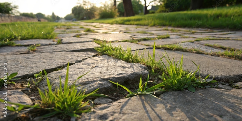 Poster a close-up view of a stone path with green grass growing in the cracks, the sunlight illuminating th