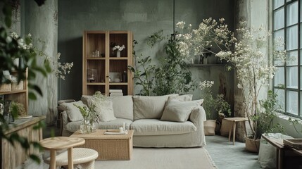 Fototapeta premium Serene living room with beige sofa, plants, and wooden furniture.