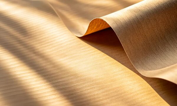 A close-up of a smooth, curled sheet of light brown paper with soft shadows.